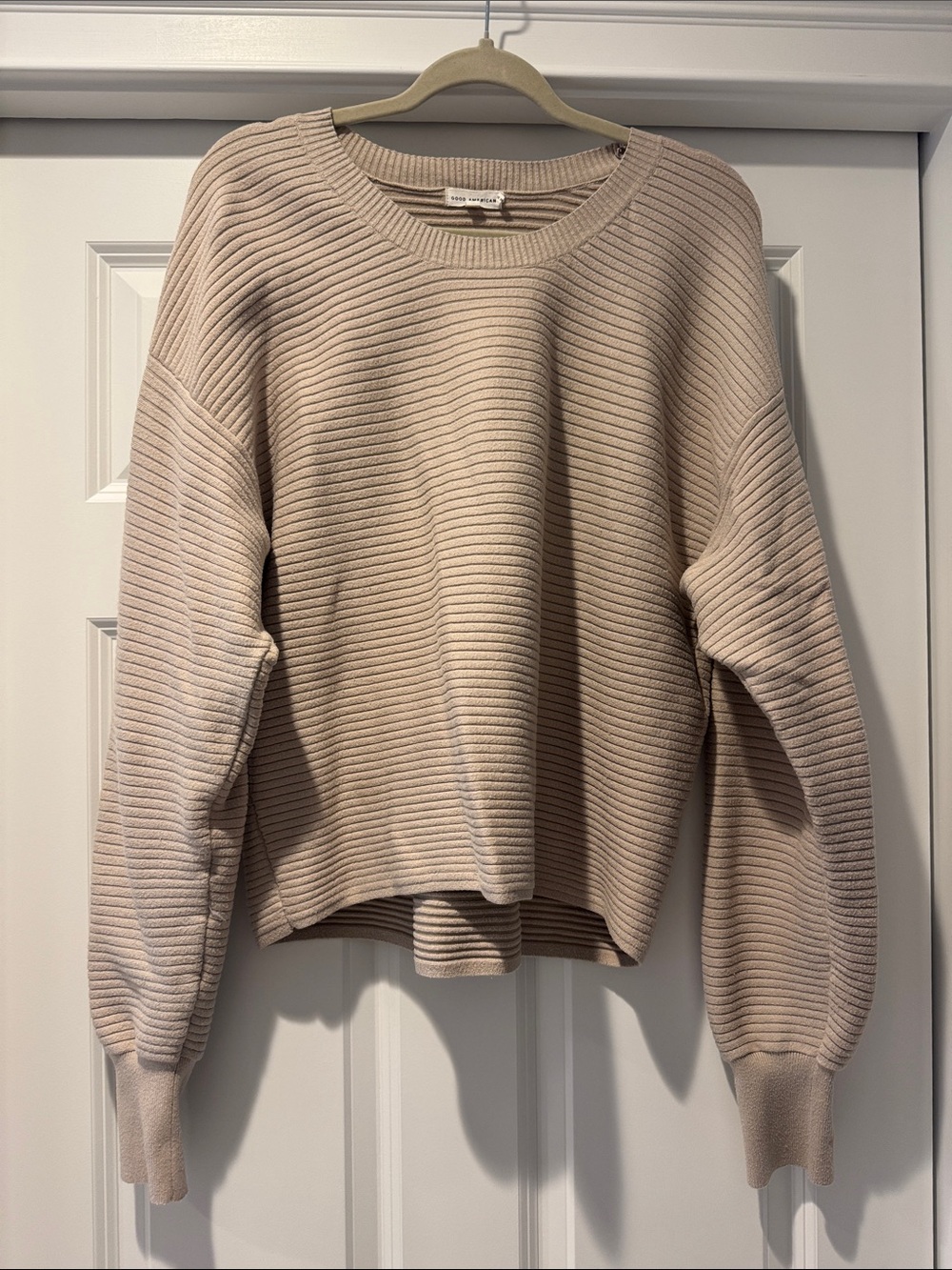 Good American Ribbed Crewneck Sweater in Beige